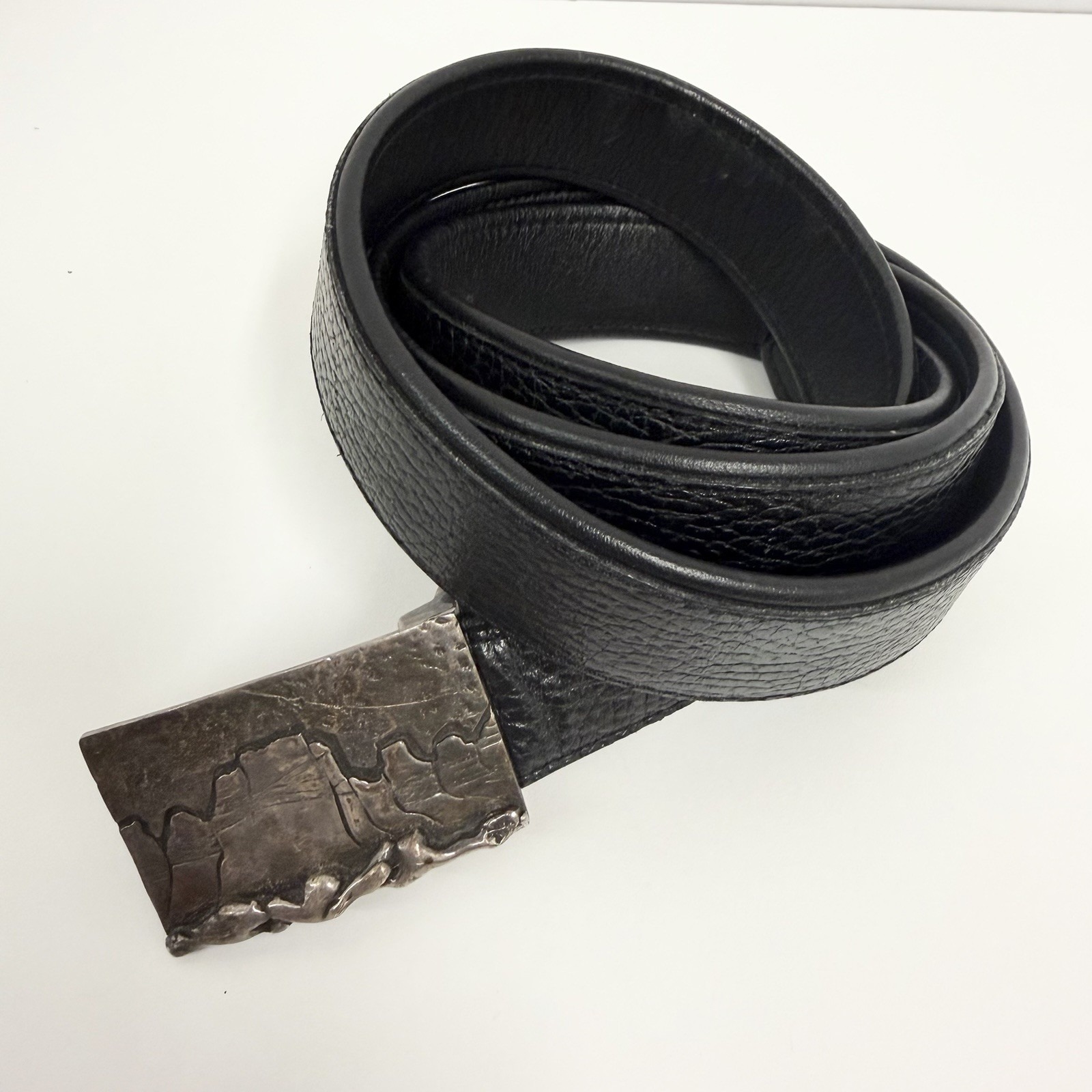 Vintage Sterling Quin Southwestern Native American Belt Buckle Black Leather Str